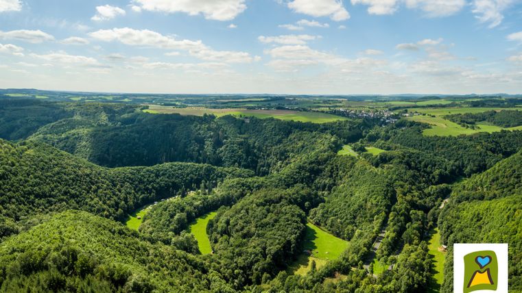 Eine malerische Landschaft mit grünen Hügeln und Wäldern. Ein klarer Himmel vervollständigt die idyllische Szenerie.