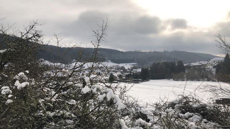 Eine winterliche Landschaft mit schneebedeckten Feldern und Bergen im Hintergrund. Der Himmel ist bewölkt und es scheint ruhig und friedlich zu sein.