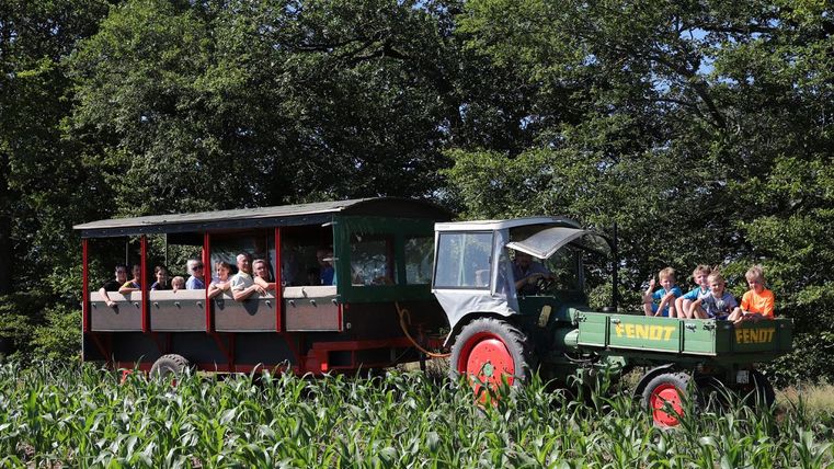 A tractor pulls a wagon with passengers through a field. The surroundings are green and surrounded by trees.
