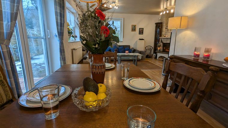 An inviting table set with dishes, glasses, and a bowl full of fruits. In the background, a cozy living room featuring a lamp and plants can be seen.