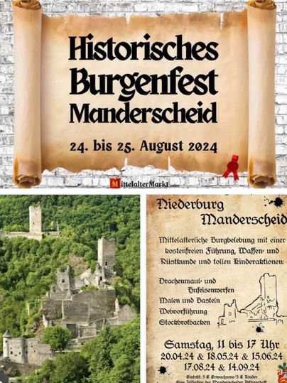 A poster for the historical castle festival in Manderscheid, taking place from August 24 to 25, 2024. Below are details about tours and activities for children at the Niedenburg Manderscheid.