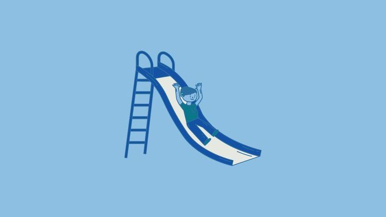 A child happily slides down a slide. The background is a solid sky blue.