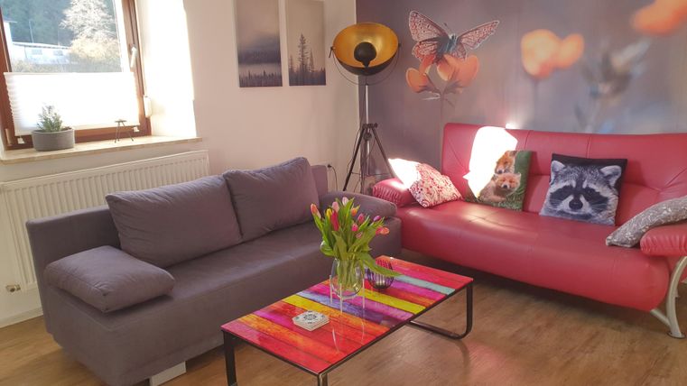 Een moderne woonkamer met een grijze bank en een rode bank. Op de tafel staan verse bloemen en er zijn decoratieve kussens met motieven.