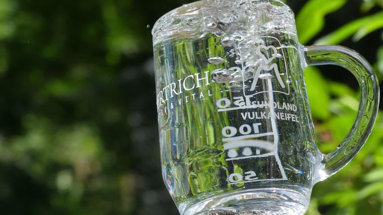 A transparent cup with water, from which bubbling bubbles rise. In the background, green plants are visible.