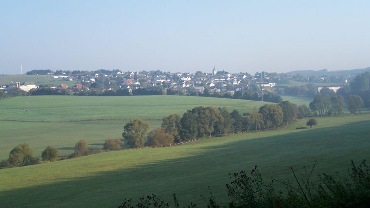 A picturesque landscape with gentle hills and a small town in the background. The sky is clear and the meadows are green.