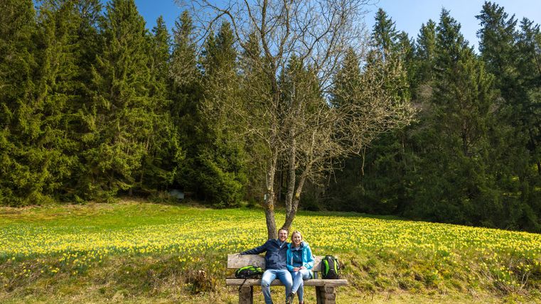 Twee personen zitten op een bank onder een boom, omringd door een bloeiende weide. Op de achtergrond zijn hoge bomen en een heldere lucht te zien.