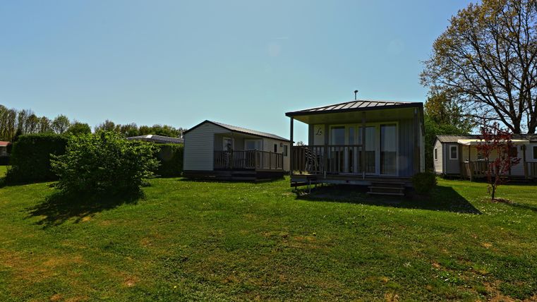 Moderne Ferienhütten in einer grünen Umgebung. Die Hütten sind umgeben von gepflegtem Gras und einigen Bäumen.