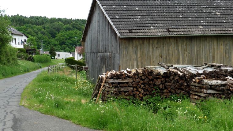 Eine ländliche Straße führt an einem Holzstapel und einer Scheune vorbei. Dahinter erstrecken sich grüne Wiesen und bewaldete Hügel.