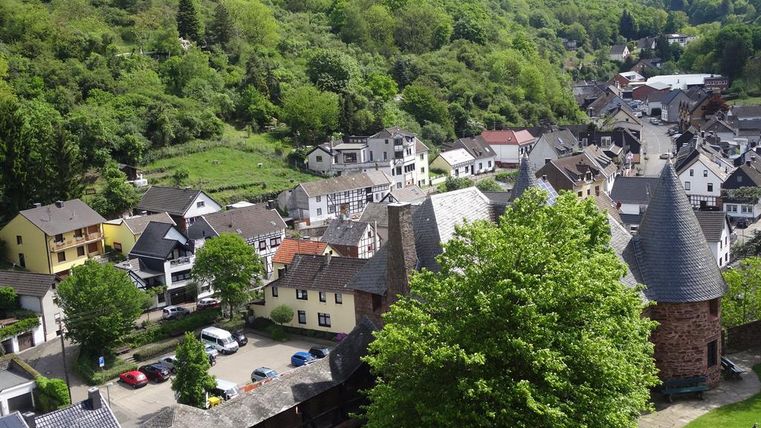 Eine idyllische Stadtlandschaft mit grünen Hügeln und traditionellen Häusern. Im Vordergrund sind Bäume und ein Teil der Stadtmauer zu sehen.