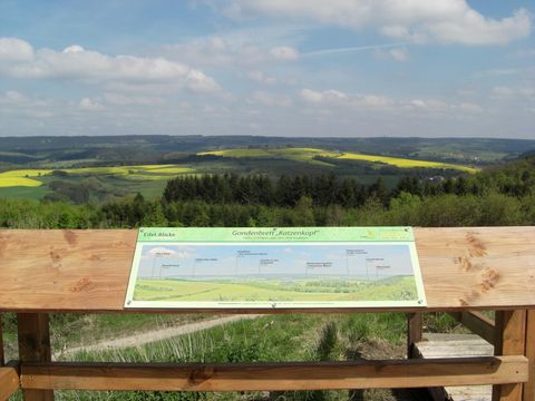 A viewpoint panel stands at a lookout point overlooking green fields and forests. The sky is clear with a few clouds.