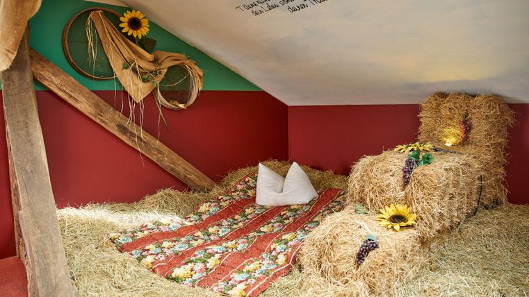 Ein gemütlicher Raum mit Stroh und einer Decke. Sonnenblumen und Trauben verleihen dem Ort eine ländliche Atmosphäre.