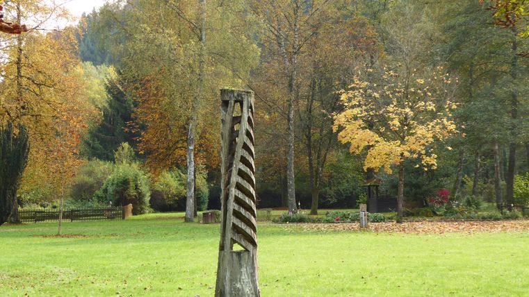 Een artistieke houtsculptuur staat in het groen in een parkachtige omgeving. Kleurige bomen omringen de sculptuur en geven de scène een herfstachtige sfeer.