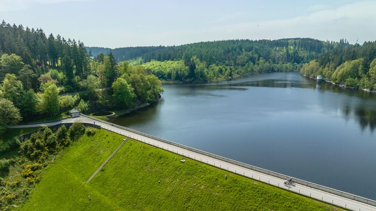 Ein ruhiger See umgeben von grünen Wäldern und einer schönen Landschaft. Ein Radfahrer fährt auf einem Weg entlang des Wassers.