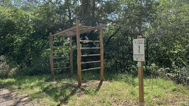 Ein Fitnessbereich im Freien mit einer Holzhochlieger, umgeben von Bäumen. Neben der Hochlieger steht ein Informationsschild.