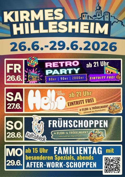 Een poster voor de kermis in Hillesheim van 26 tot 29 juni 2026. Het toont verschillende evenementen zoals een retro-feest, rommelmarkt en familiedag.