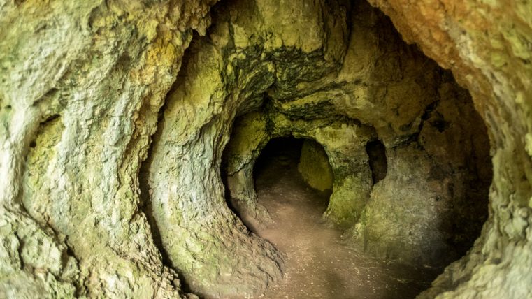 Eingang einer natürlichen Höhle mit unebenen Wänden und einem dunklen Tunnel.