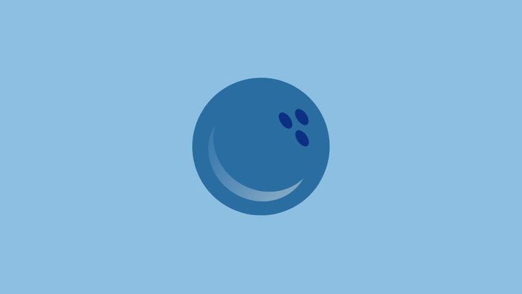 A simple illustration of a blue bowling ball on a light blue background. The ball has three holes and a smiling face.