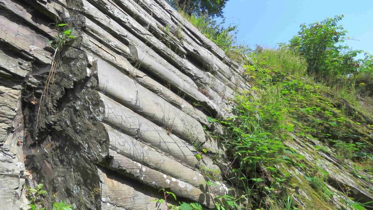 Ein steiler Felsen mit geschichteten Steinplatten und grünem Bewuchs. Der Himmel ist klar und blau.