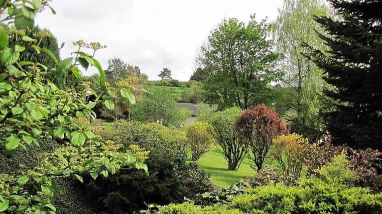 A beautiful garden with many different trees and shrubs. In the background, a green meadow can be seen.