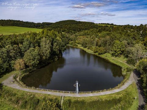 Luchtfoto van een stuwmeer, omgeven door bomen en weilanden. Een steiger leidt het water in, een pad loopt langs de oever.