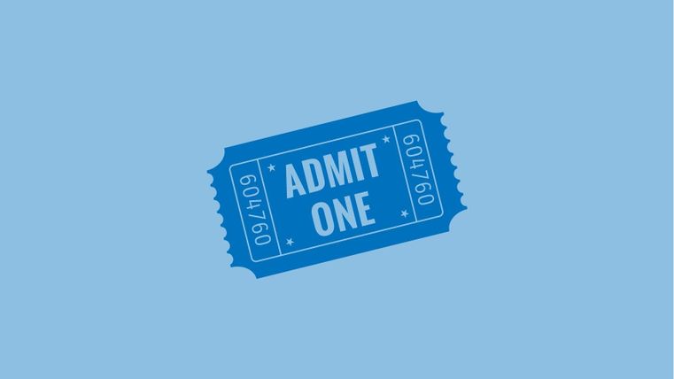 Ein blauer Eintrittskarte mit der Aufschrift "ADMIT ONE". Die Karte hat ein einfaches, ansprechendes Design.