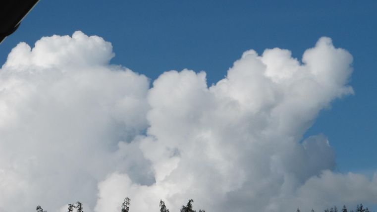 Weiße, fluffige Wolken bilden einen schönen Kontrast zum blauen Himmel. Am unteren Bildrand sind dunkle Baumsilhouetten zu sehen.