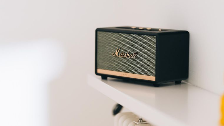 Een zwarte luidspreker met gouden accenten staat op een planken. Hij heeft een klassieke ontwerpesthetiek en is klaar voor muziekgenot.