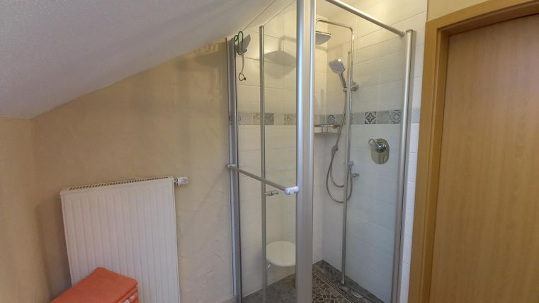 Een moderne badkamer met een glazen douchecabine. Aan de muur staat een radiator en er liggen enkele handdoeken op een plank.