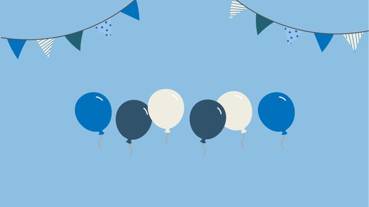 Colorful balloons in various shades of blue and white on a light blue background. Colorful pennants are attached at the top, creating a festive atmosphere.