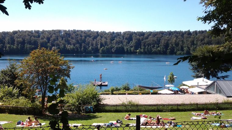 Ein schöner See umgeben von Bäumen und einer Wiese. Viele Menschen entspannen sich am Ufer und genießen das sonnige Wetter.