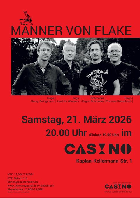 A concert poster for the band "Männer von Flake". The event takes place on Saturday, March 21, 2026, at CASYNO.