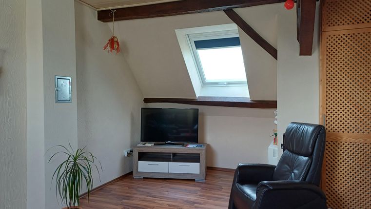 A cozy living room with a television and a comfortable armchair. A large skylight lets in plenty of light.