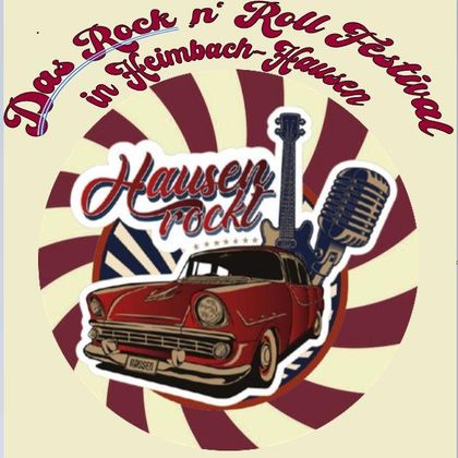 A colorful illustration for the Rock n' Roll Festival in Heimbach-Hausen. A red car and a microphone are prominently depicted.