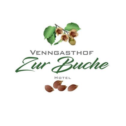 Een logo van de Venngasthof zur Buche. Het toont een tak met bladeren en hazelnoten en de tekst "Hotel • Restaurant • Bar".