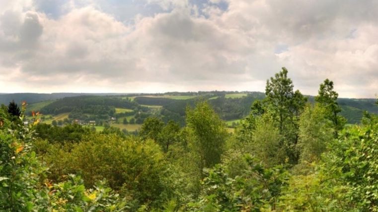Een schilderachtig landschap met groene bomen en zachte heuvels. De lucht is bewolkt, wat een rustige sfeer creëert.