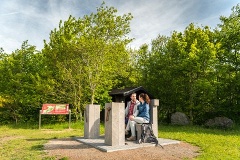 In der Mitte des Bildes ist eine Plattform aus Stein. Darauf steht ein Steinthron, sowie 2 steinernde, viereckige Säulen.Die grauen Säulen sind etwa 120cm hoch. auf einer Säule ist ein kupferfarbender Hammer, auf der  anderen Stele eine Zange angebracht. auf dem Thron sitzen eine Frau und ein Mann und lächeln sich an.Im Hintergrund steht eine Informationstafel zum Vulkanpfad.Umrahmt wird der Platz von jungen Laubbäumen.