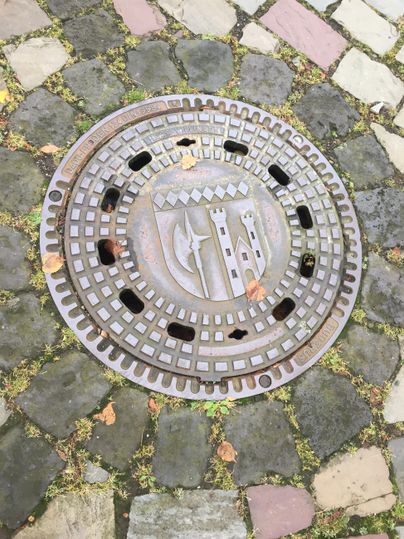 A manhole cover with a coat of arms in the center, surrounded by square stones. Some leaves are lying on the cover and on the ground.