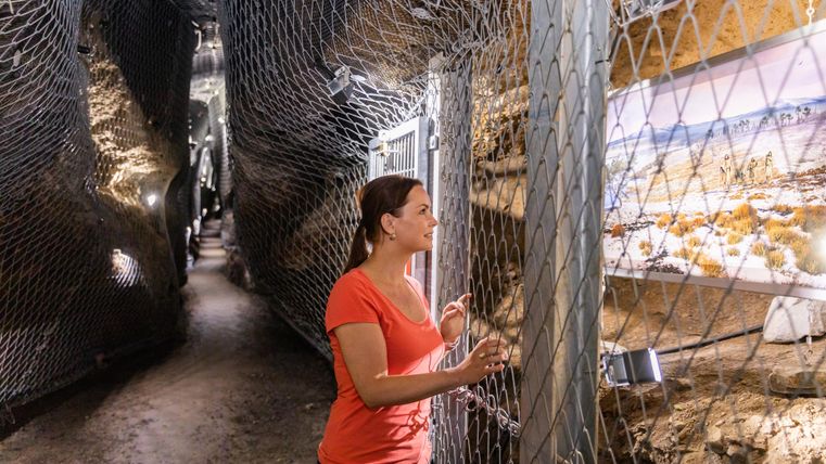 Eine Frau betrachtet Bilder in einem unterirdischen Tunnel. Das Umfeld ist mit Drahtnetzen gesichert und hat eine natürliche Felsstruktur.