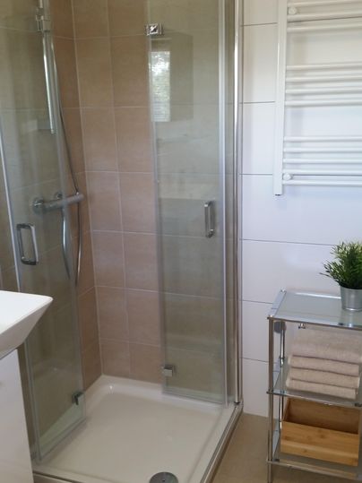 Ein modernes Badezimmer mit einer klaren Duschkabine aus Glas. Neben der Dusche steht ein Gestell mit sauberen Handtüchern und einer kleinen Pflanze.