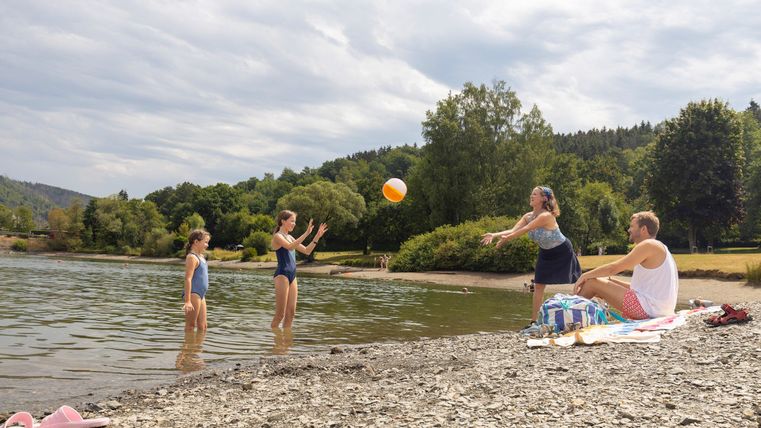 A group of people is playing with a ball at the shore of a serene lake. In the background, green trees and a relaxed atmosphere can be seen.