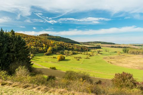 Landscape with green meadows, wooded hills and blue skies.