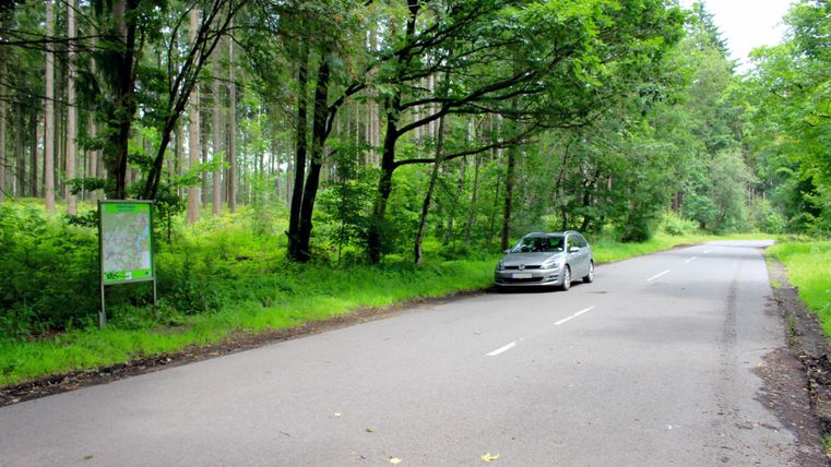 A quiet road in a forest with plenty of green foliage. A car is parked at the side of the road.