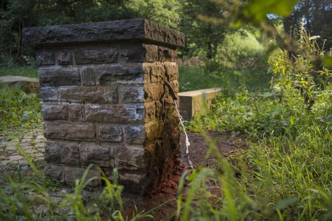 A small stone box with water flowing from an outlet. Surrounded by green vegetation and trees.