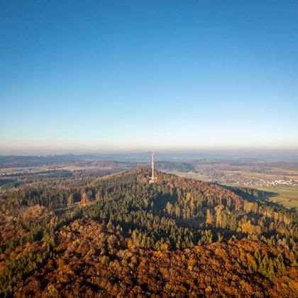 Ein wunderschöner Blick auf einen bewaldeten Hügel im Herbst mit bunten Blättern. Im Hintergrund steht ein Sendeturm und man sieht eine klare, blaue Himmel.