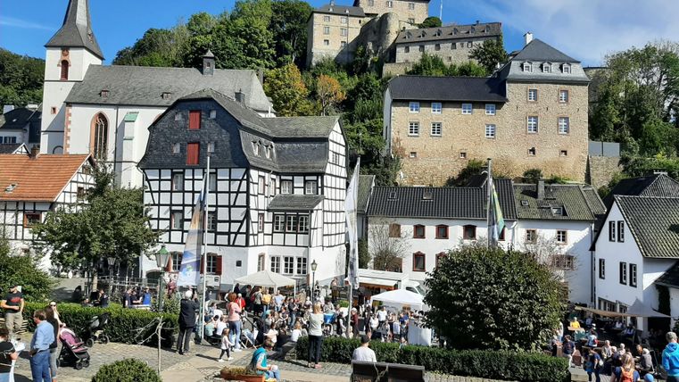 Ein malerisches historisches Dorf mit Fachwerkhäusern und einer Kirche. Im Hintergrund thront eine Burg über dem Geschehen.