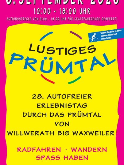 A colorful poster for a car-free experience in the Prümertal. The event takes place on Sunday, the 6th of September 2026, and offers activities such as cycling and hiking.