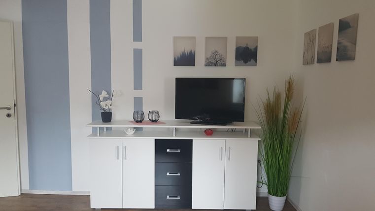 Een moderne woonkamer met een witte tv-kast en een flat-screen televisie. Aan de wand hangen decoratieve schilderijen en een groene plant staat in de hoek.