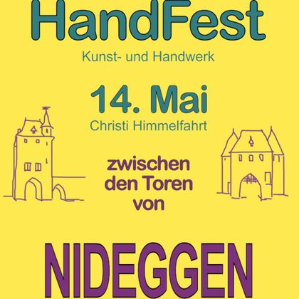 Een kleurrijke aankondiging voor het HandFest in Nideggen. Het vindt plaats op 14 mei tussen de poorten en biedt kunst- en handwerkstands.