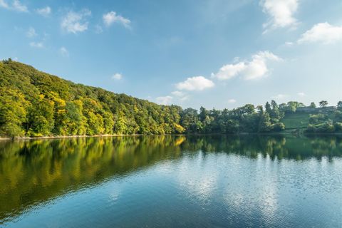 Een rustige meer omringd door weelderige bomen. De lucht is helder en blauw, met enkele wolken.