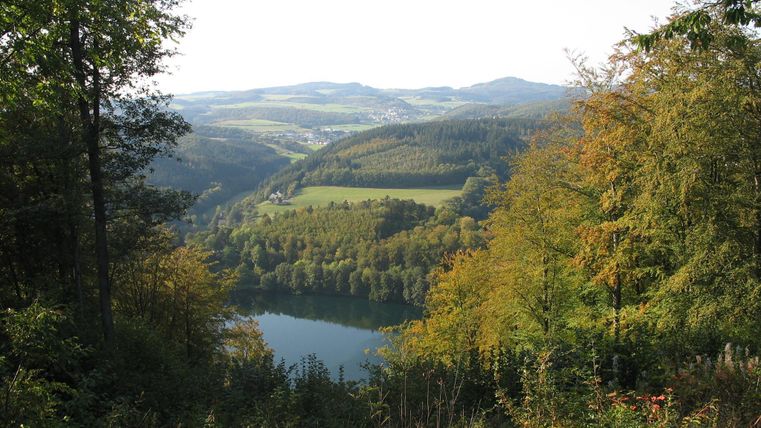 Eine malerische Landschaft mit sanften Hügeln, bewaldeten Bereichen und einem klaren See. Die Bäume zeigen Herbstfarben und der Himmel ist klar und blau.